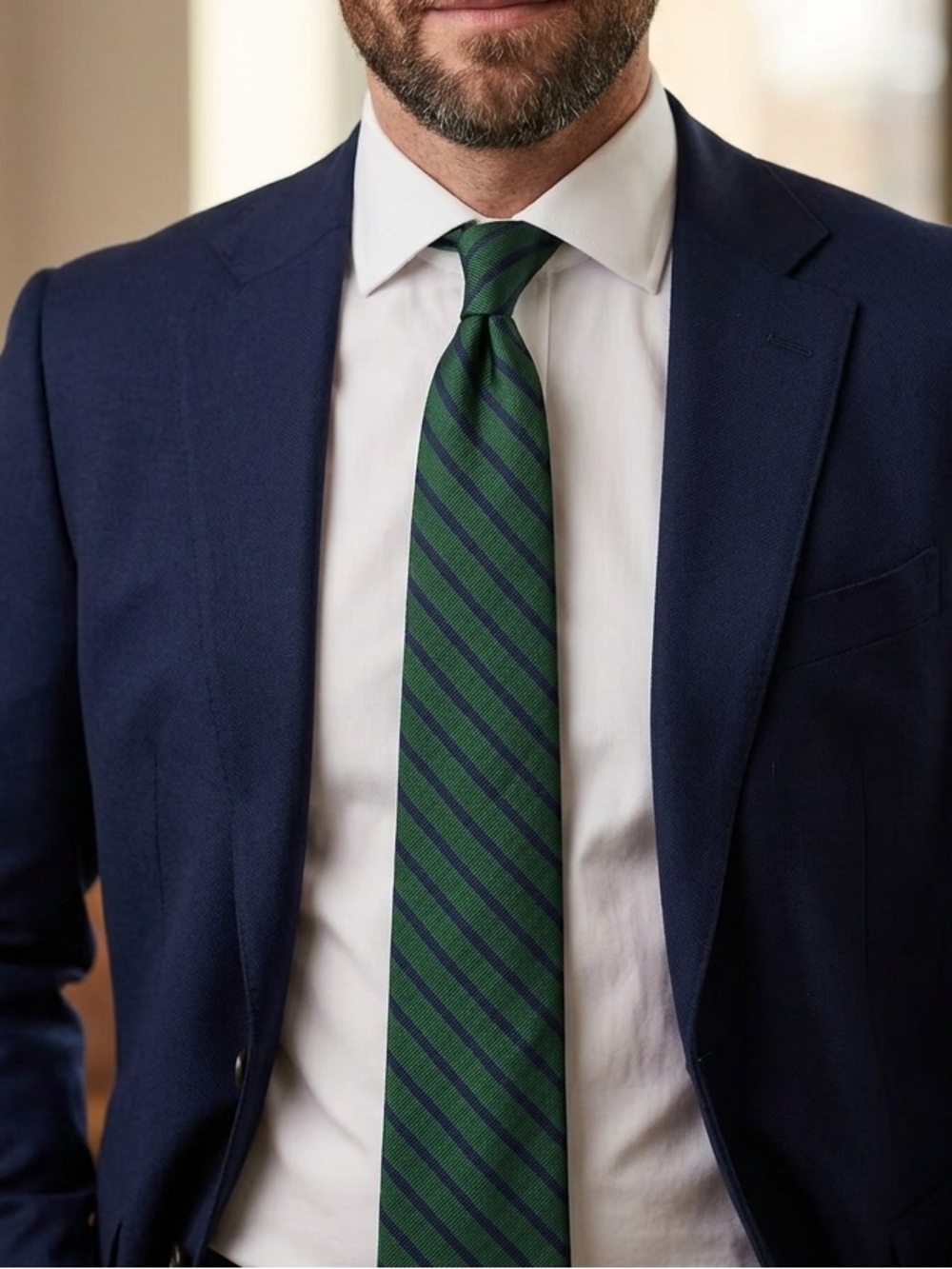 Countess Mara green and navy blue striped repp silk necktie